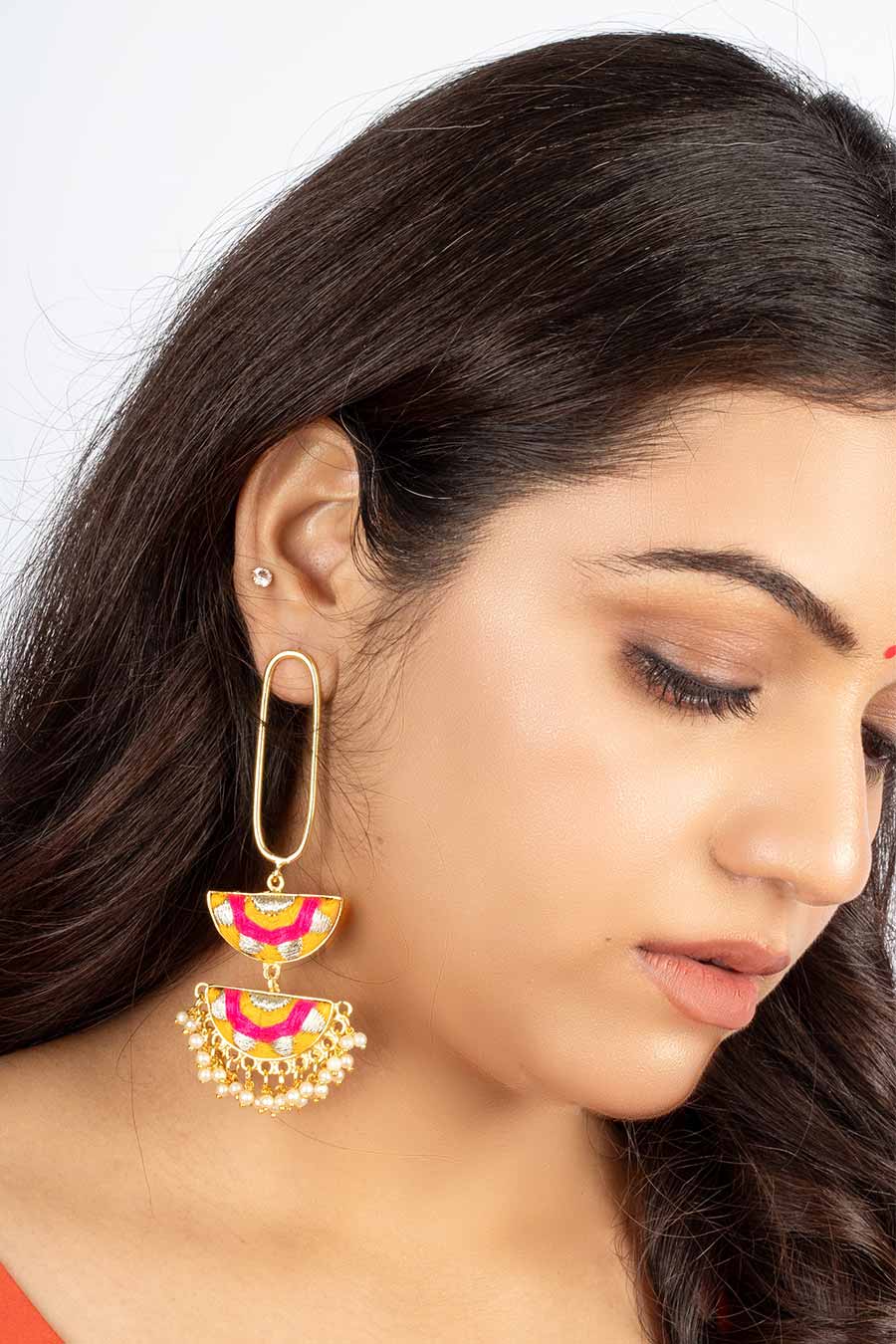 Yellow & Pink Embroidered Dangler Earrings