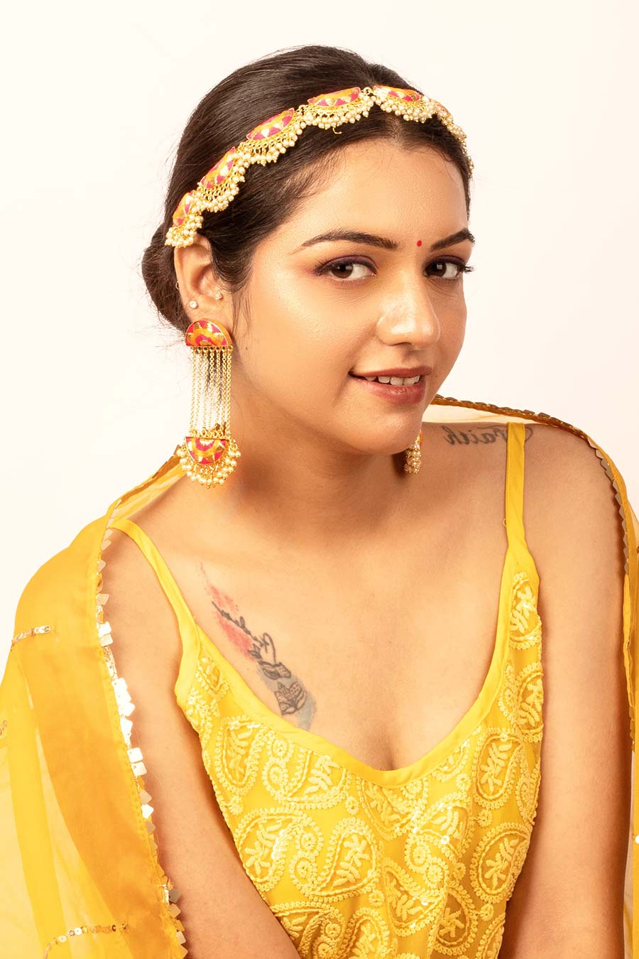 Sunshine Pink & Mustard Embroidered Tassel Earrings