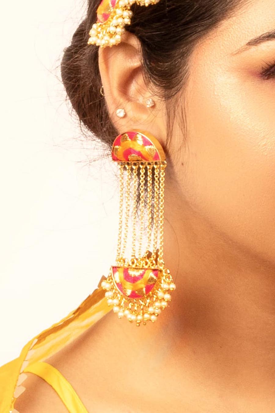 Sunshine Pink & Mustard Embroidered Tassel Earrings