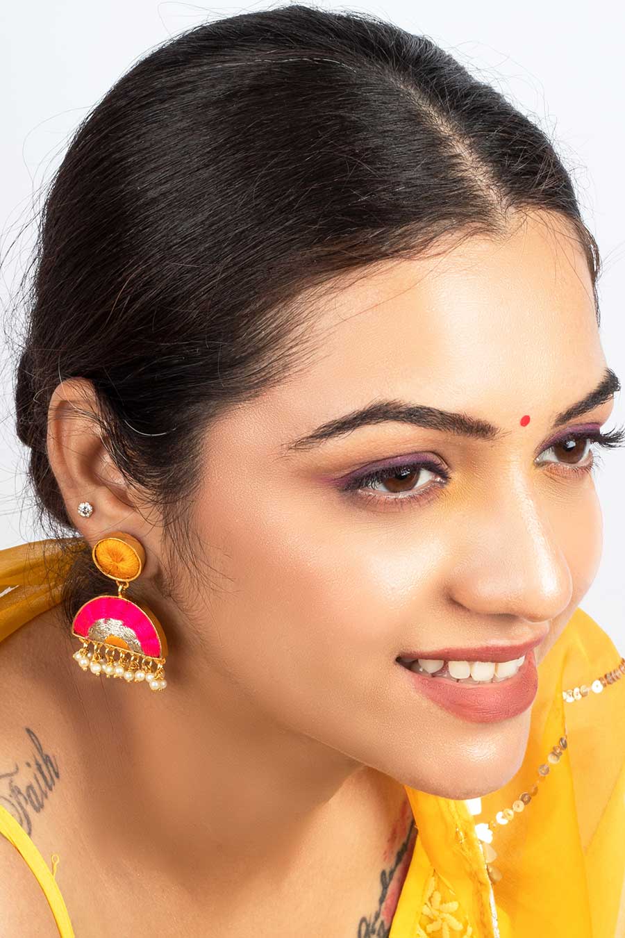 Pink & Mustard Mandala Embroidered Drop Earrings