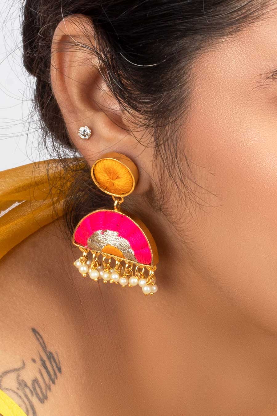 Pink & Mustard Mandala Embroidered Drop Earrings