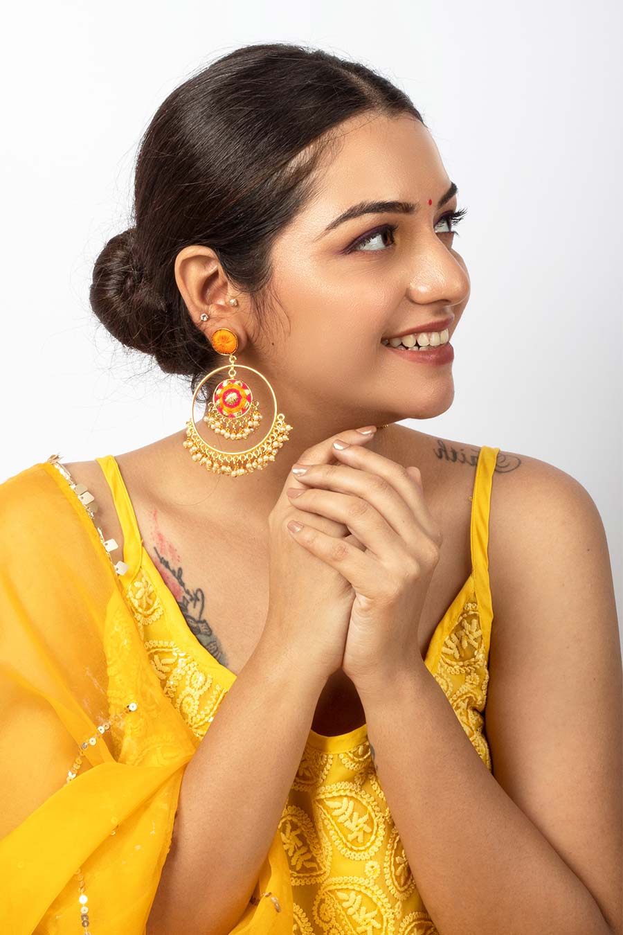 Mustard & Pink Embroidered Jhumkas