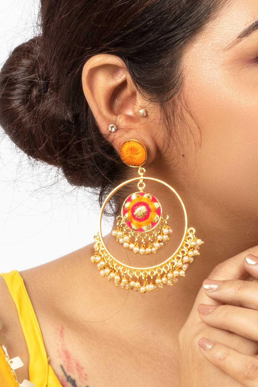 Mustard & Pink Embroidered Jhumkas