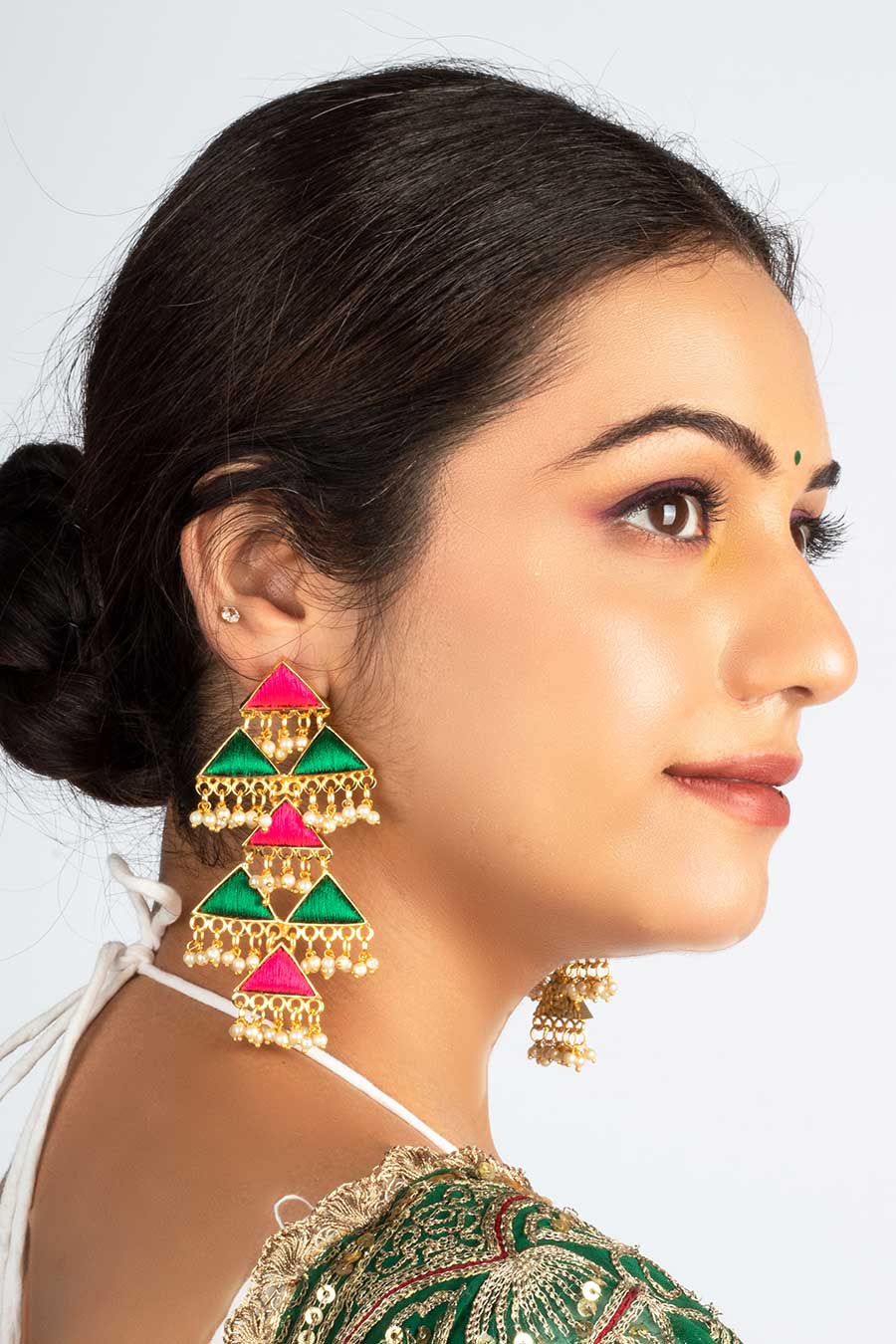 Sage Leaf & Pink Tiny Triangle Dangler Earrings