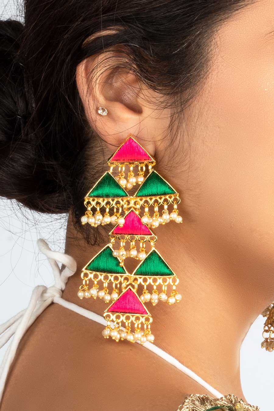 Sage Leaf & Pink Tiny Triangle Dangler Earrings