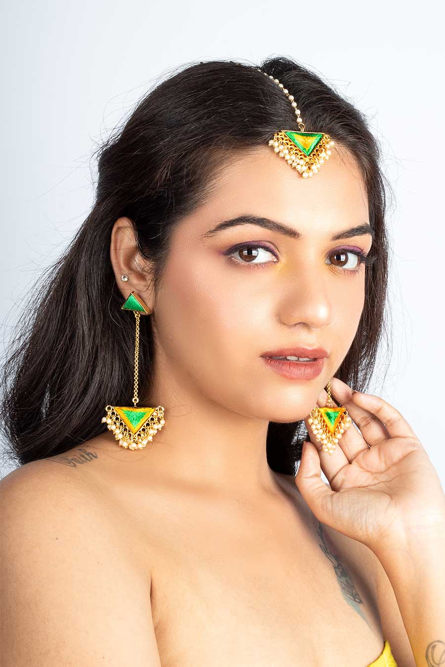 Green & Yellow Silk Embroidered Earrings