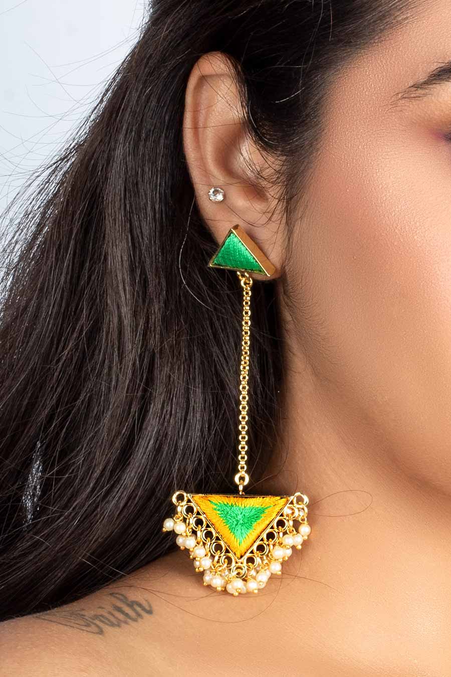 Green & Yellow Silk Embroidered Earrings