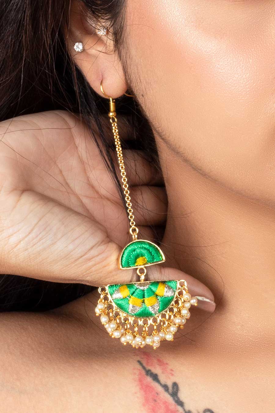 Green & Yellow Embroidered  Earrings