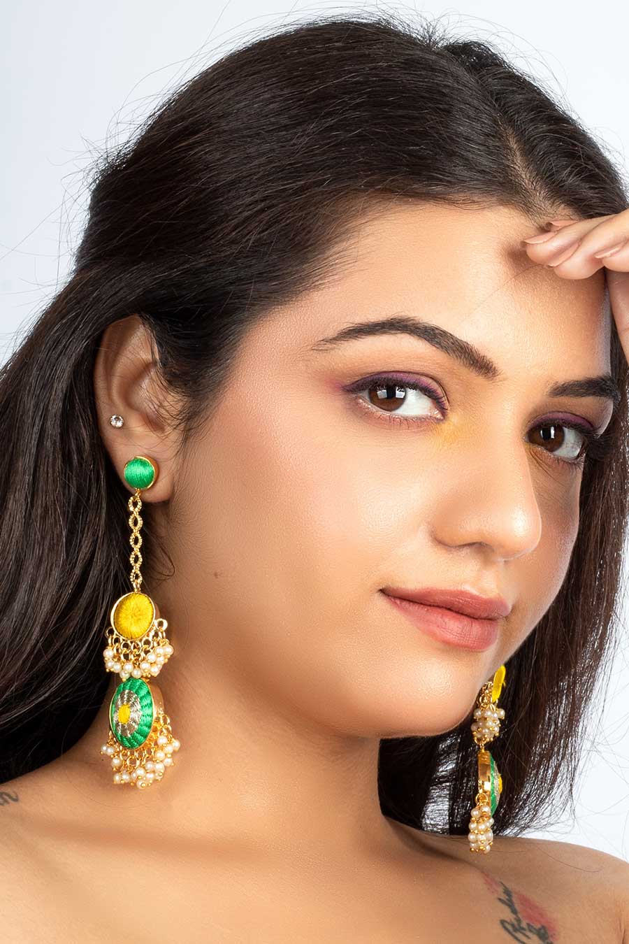 Sage & Yellow Embroidered Round Earrings