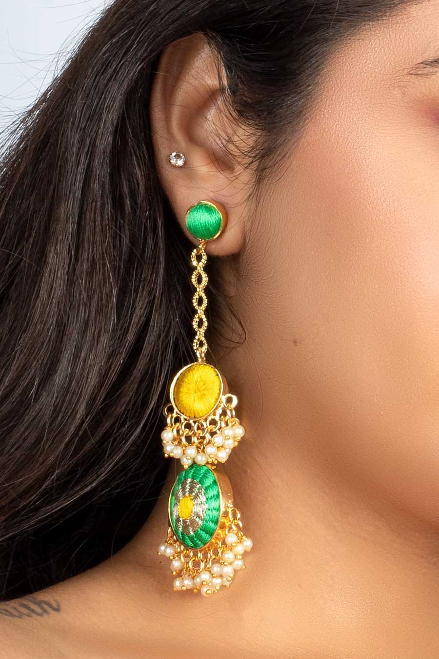 Sage & Yellow Embroidered Round Earrings