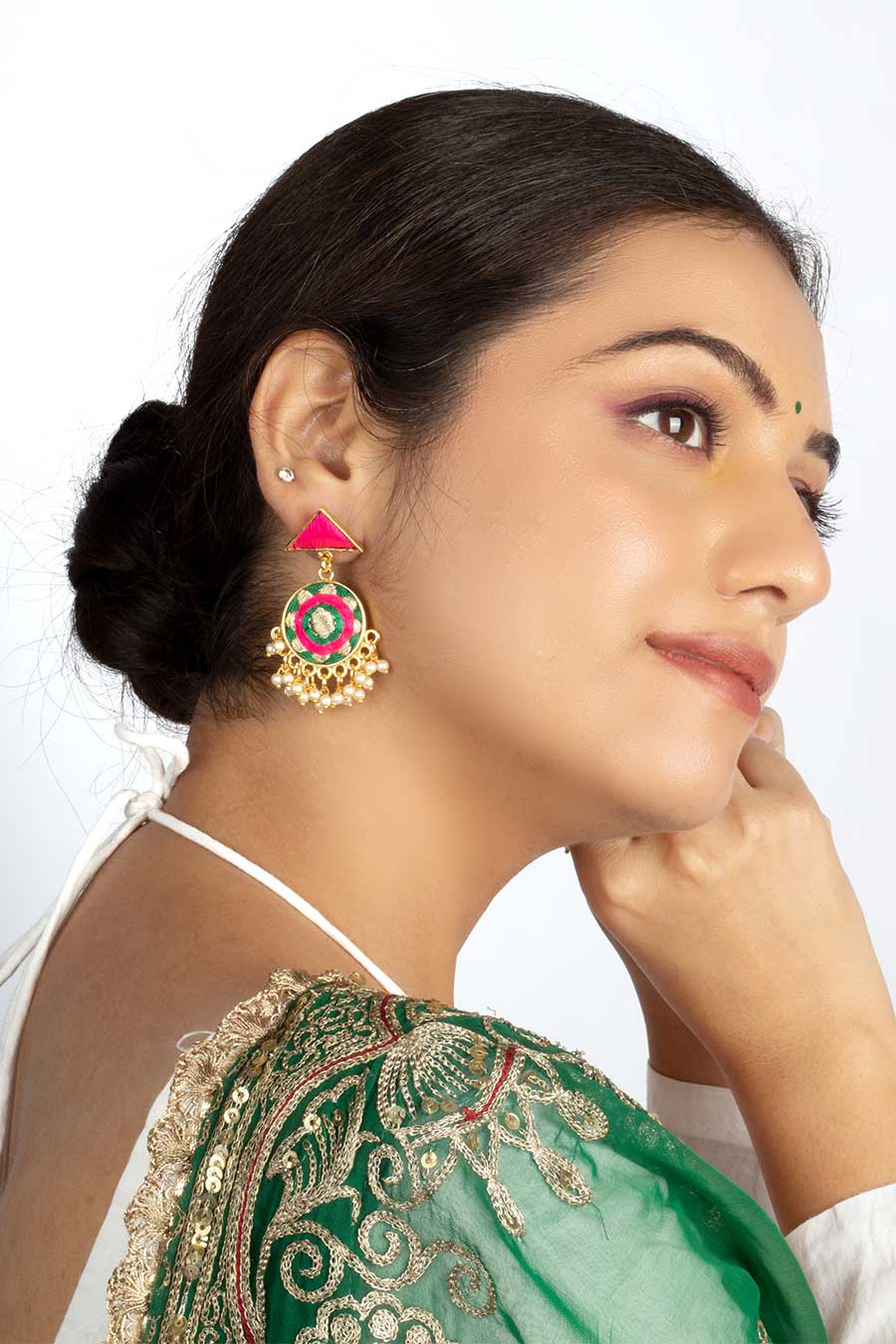 Green & Pink Circular Embroidered Earrings