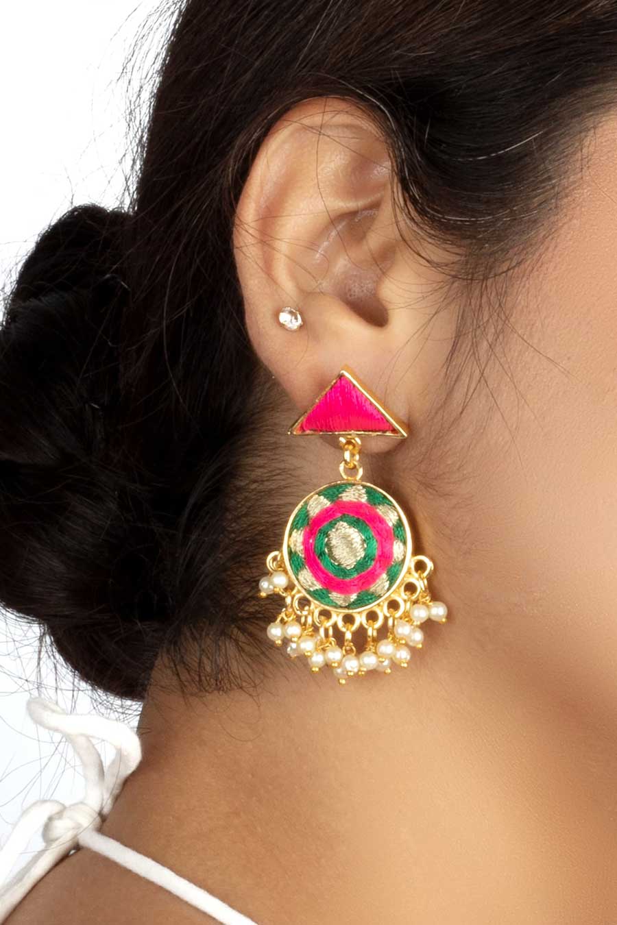 Green & Pink Circular Embroidered Earrings
