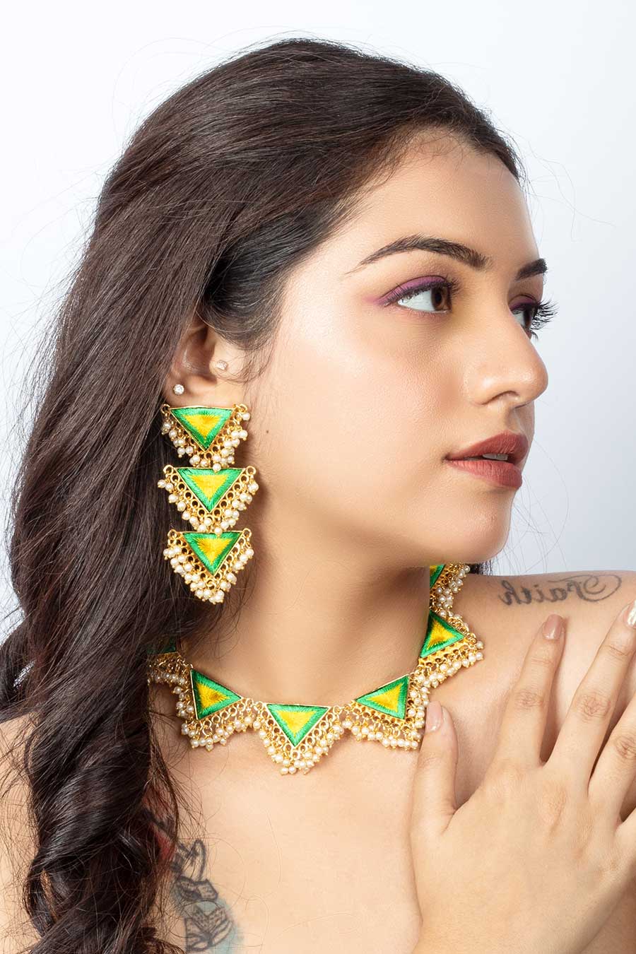 Green & Yellow Embroidered Necklace Set