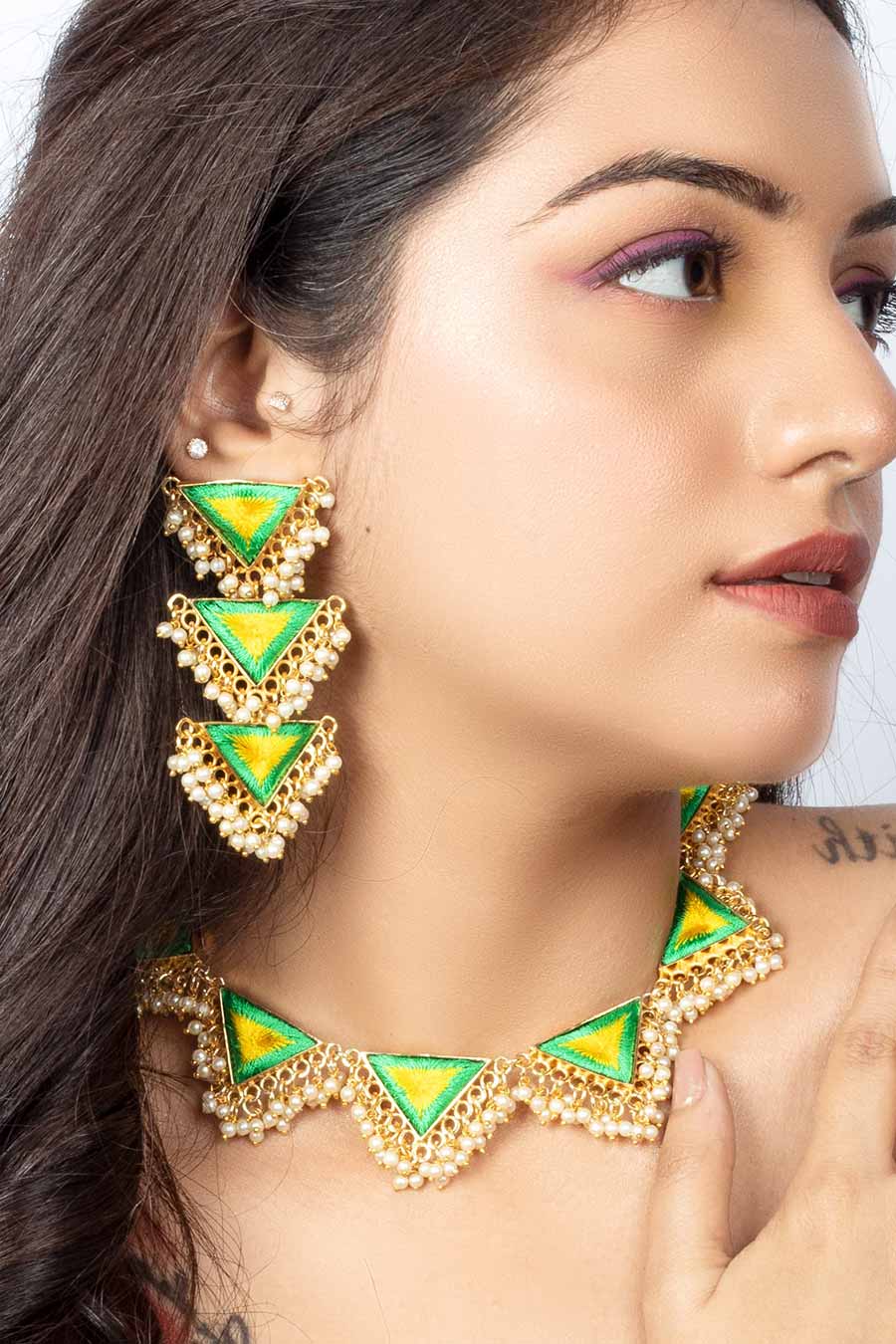 Green & Yellow Embroidered Necklace Set
