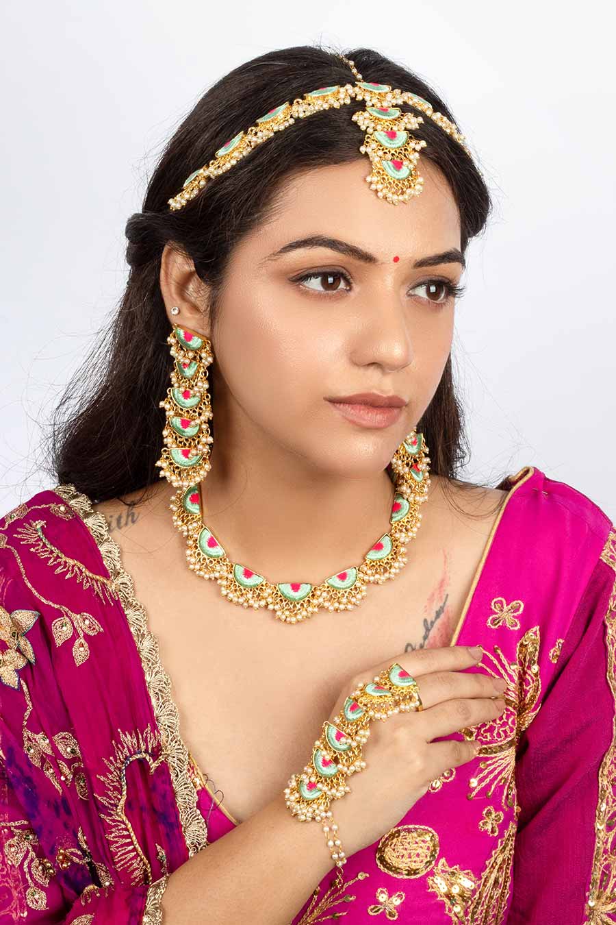 Mint Petal & Lotus Pink Embroidered Necklace Set