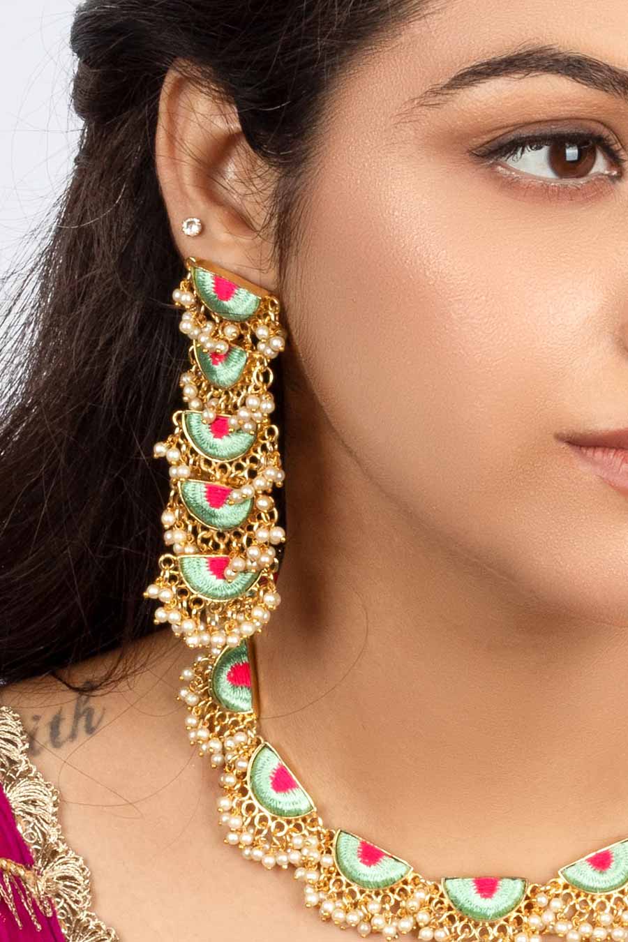 Mint Petal & Lotus Pink Embroidered Necklace Set