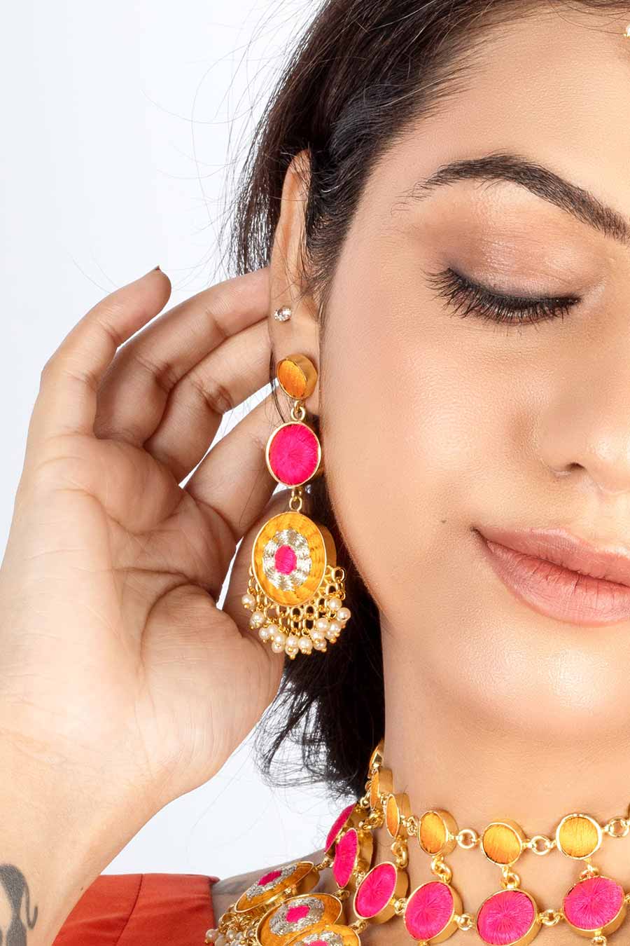 Mustard Bloom Thread Embroidered Necklace Set