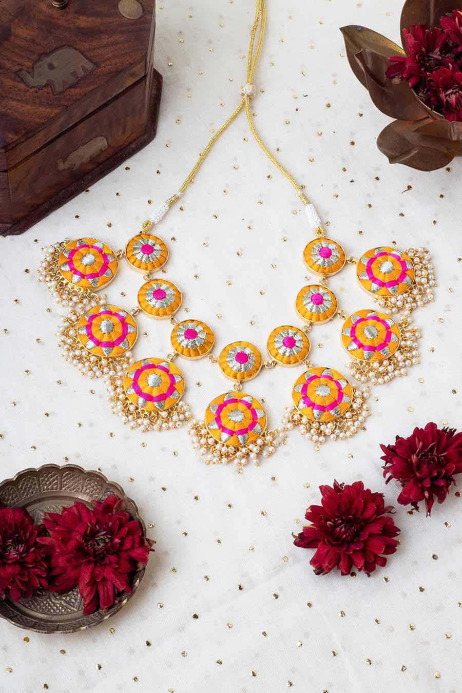 Bright Blossom Mustard & Pink Thread Necklace Set