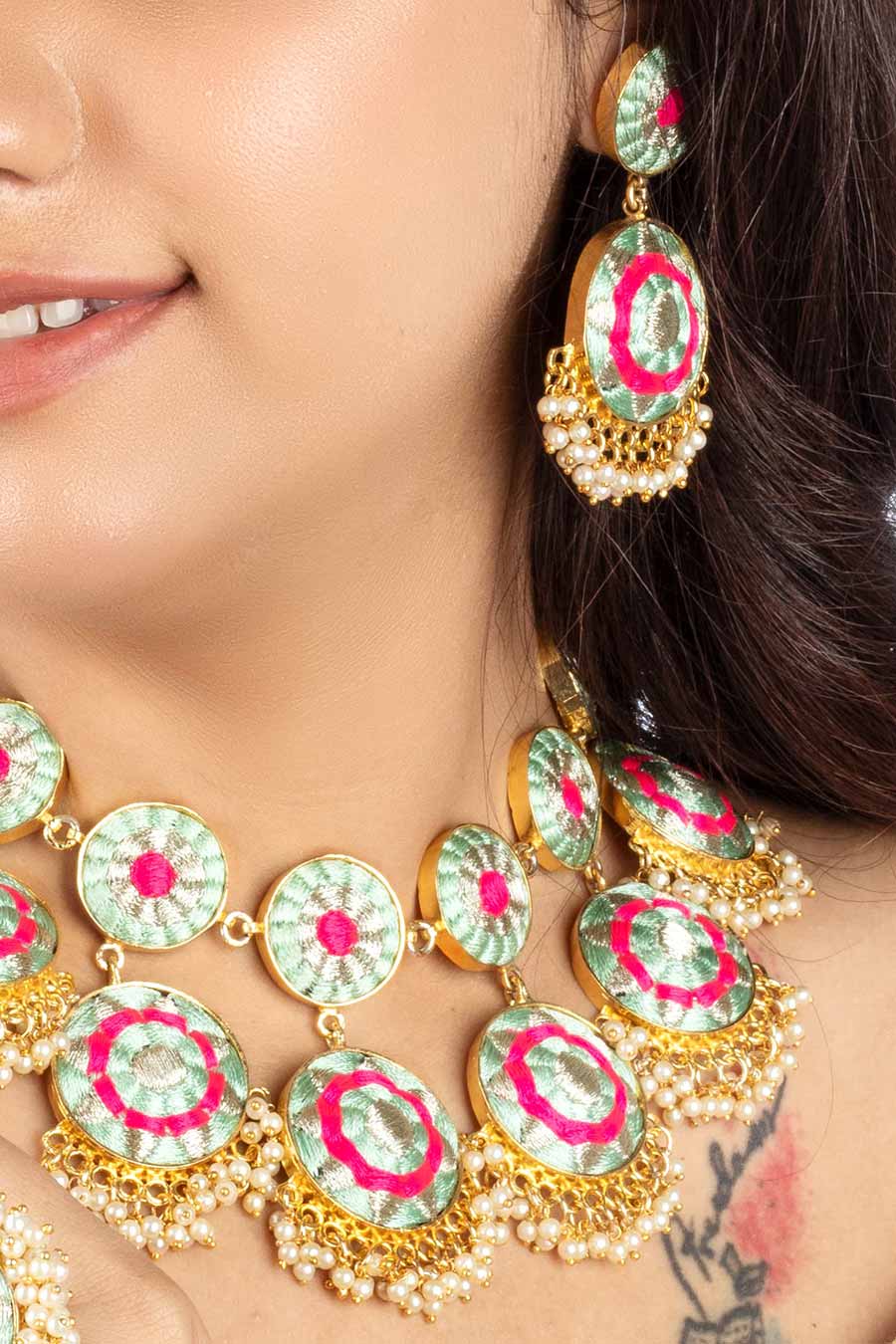 Arctic Blossom Gold Finished Embroidered Necklace Set