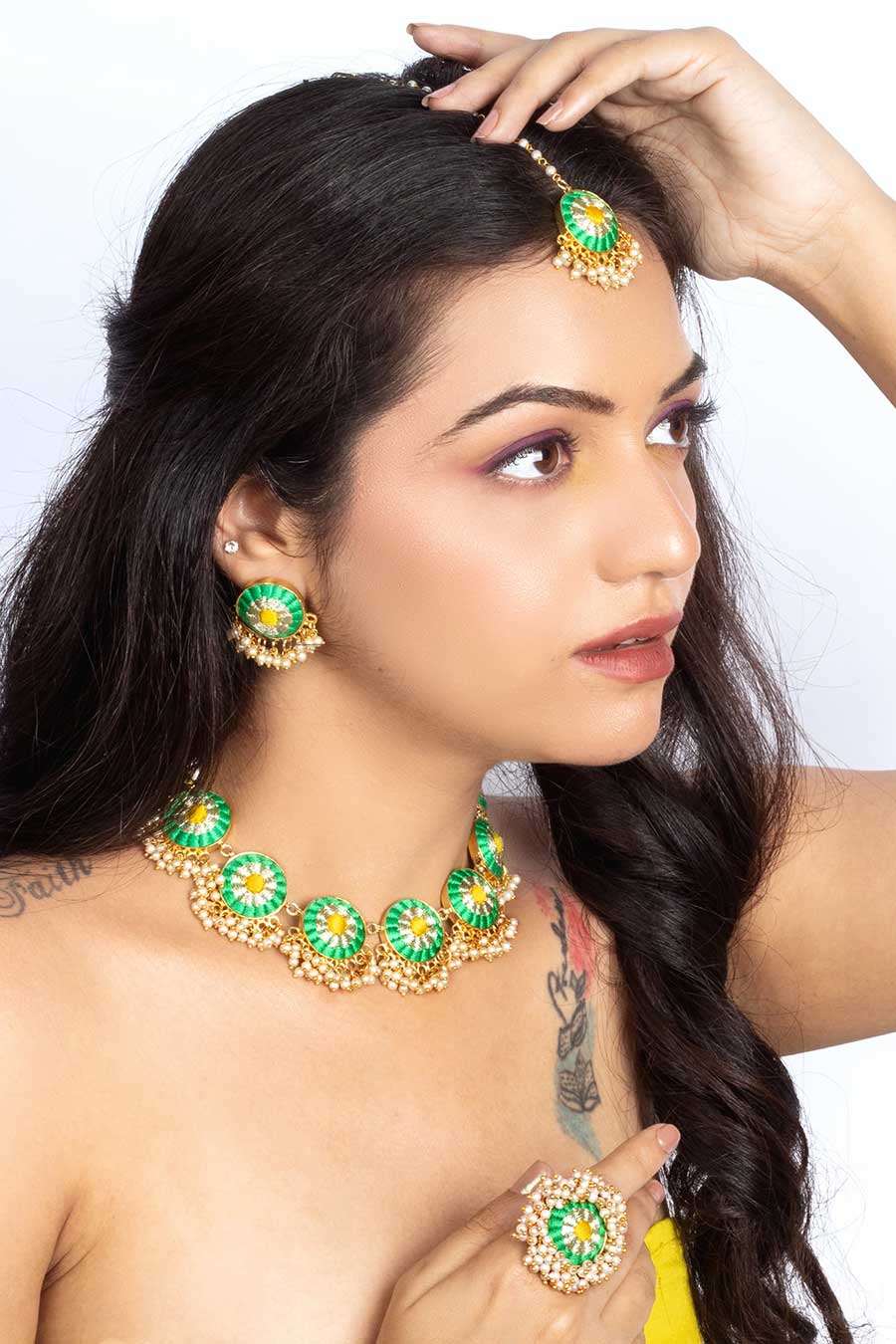 Scarlet Green & Yellow Silk Embroidered Necklace Set