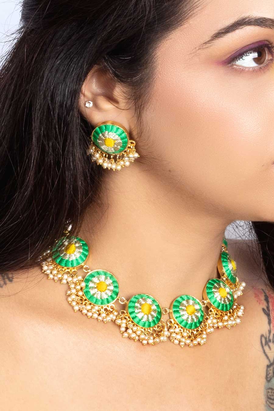 Scarlet Green & Yellow Silk Embroidered Necklace Set