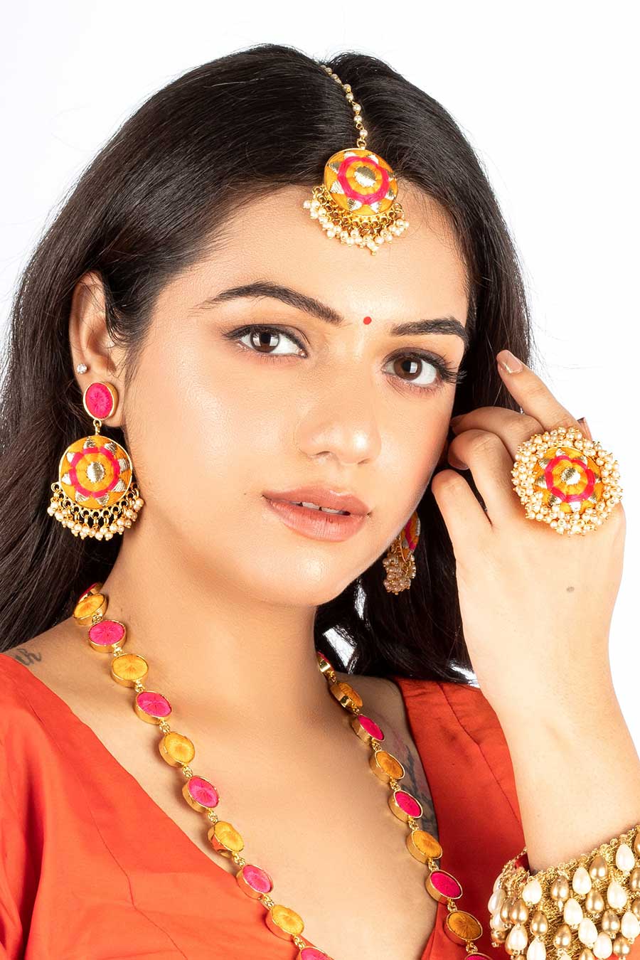 Golden Daffodil Mustard & Pink Embroidered Necklace Set