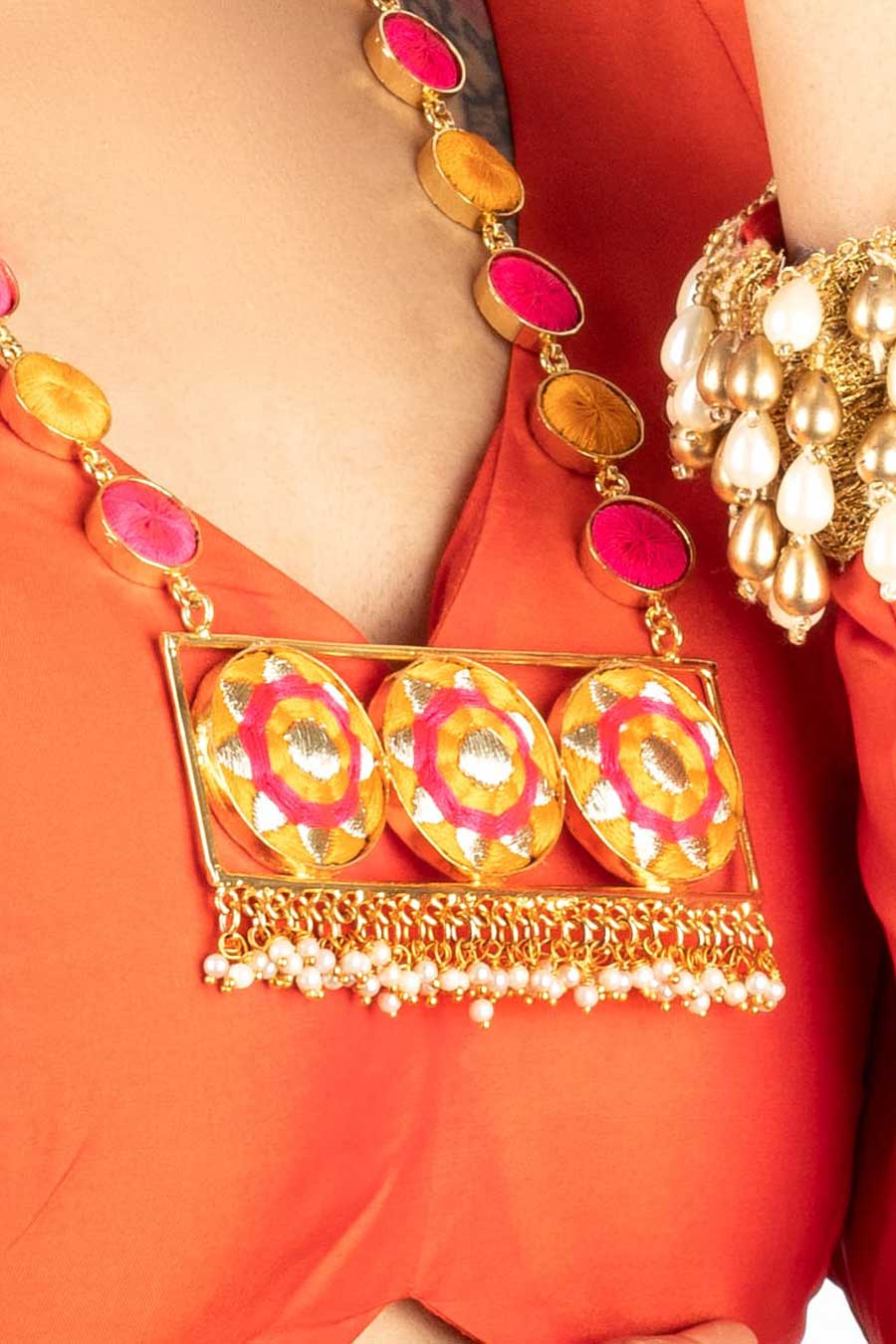Golden Daffodil Mustard & Pink Embroidered Necklace Set