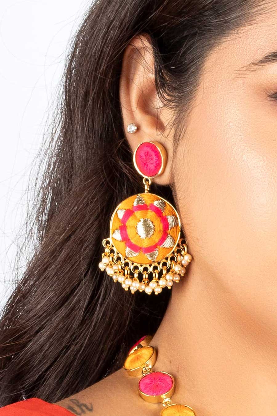 Golden Daffodil Mustard & Pink Embroidered Necklace Set