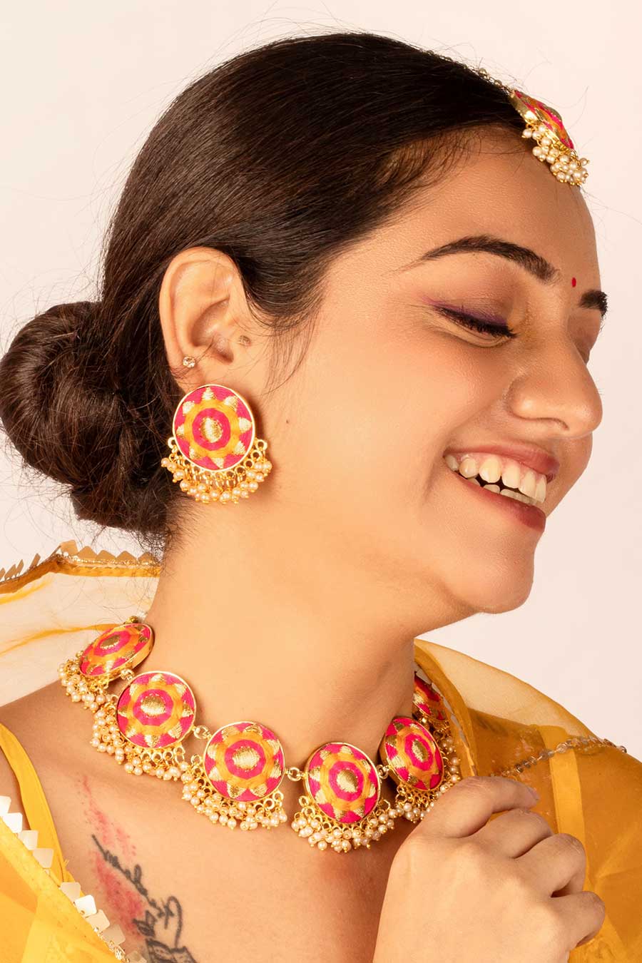 Royal Radiance Mustard & Pink Embroidered Necklace Set