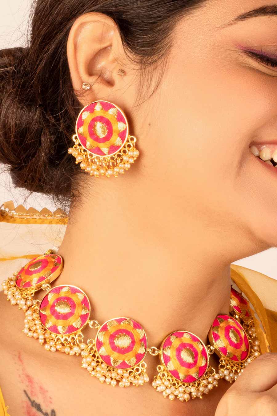 Royal Radiance Mustard & Pink Embroidered Necklace Set