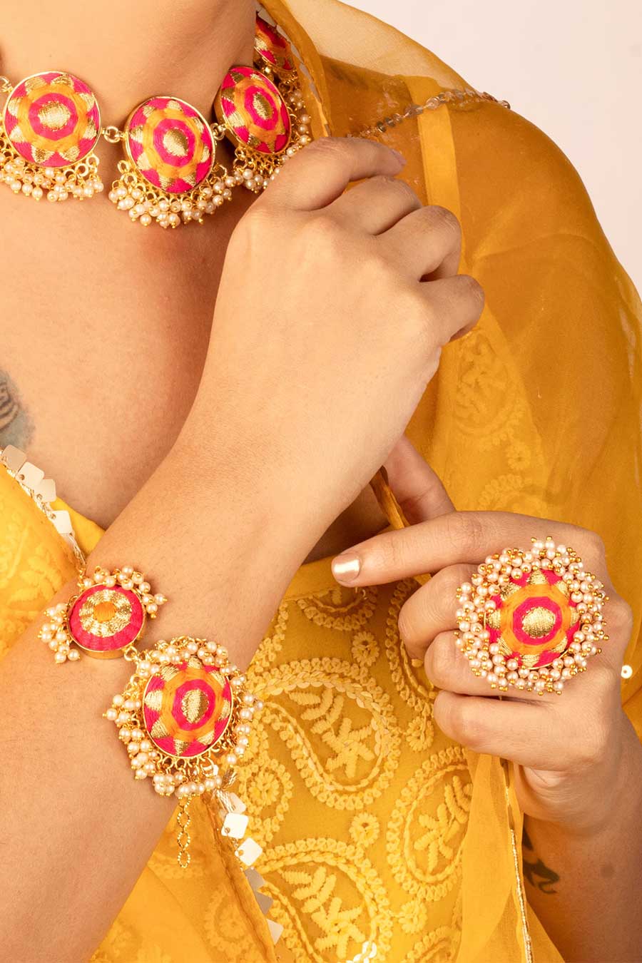 Royal Radiance Mustard & Pink Embroidered Necklace Set