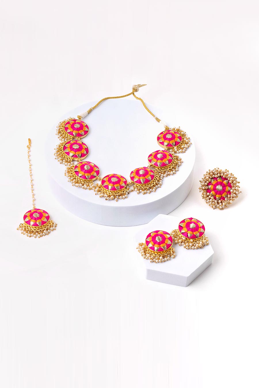 Royal Radiance Mustard & Pink Embroidered Necklace Set