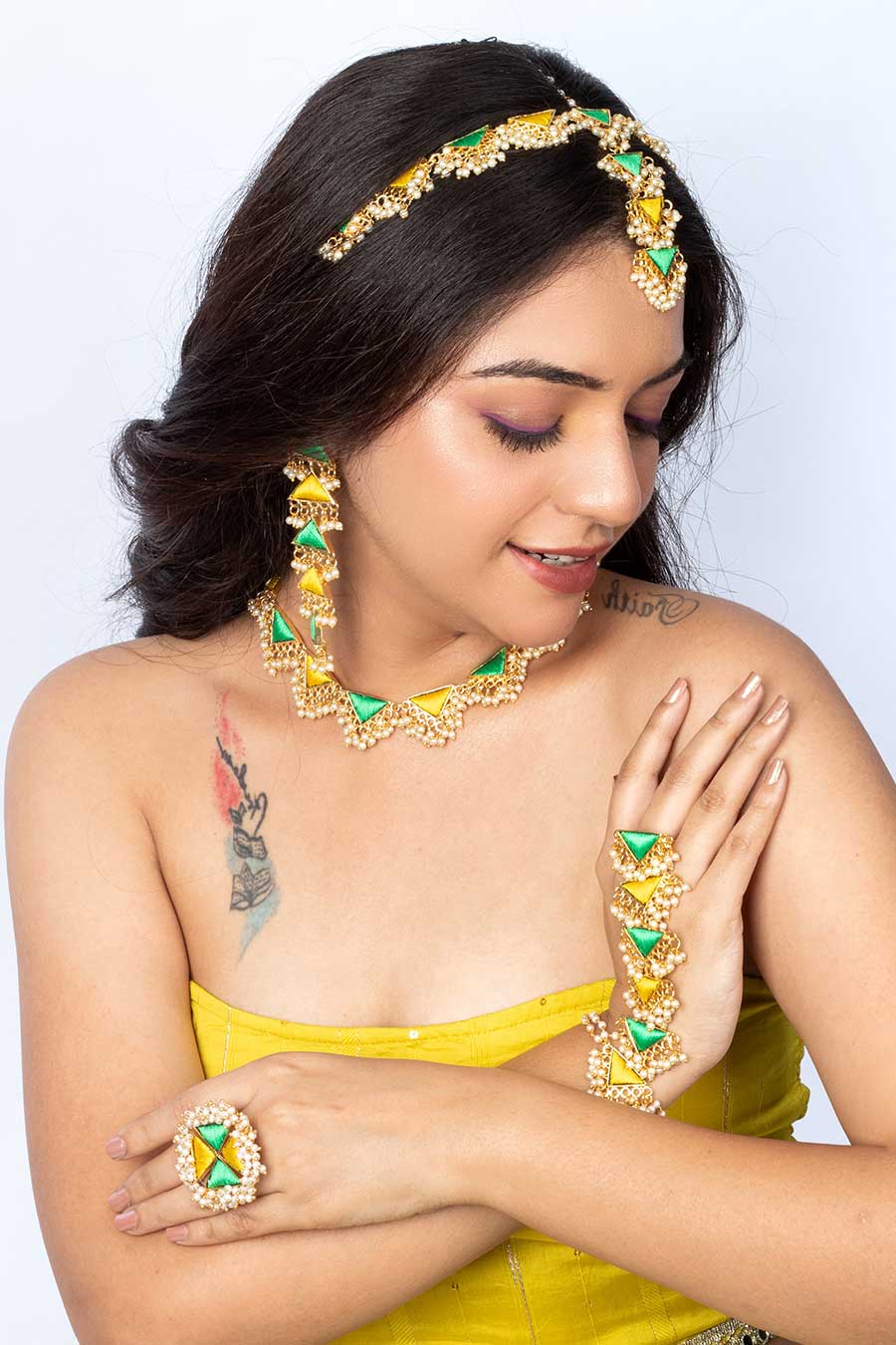 Green & Lime Yellow Embroidered Necklace Set