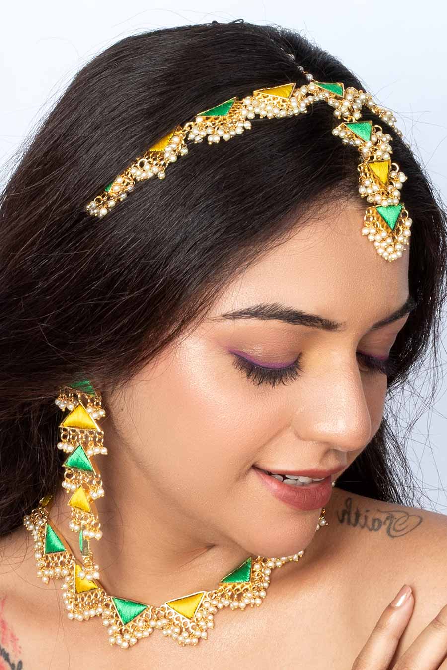 Green & Lime Yellow Embroidered Necklace Set