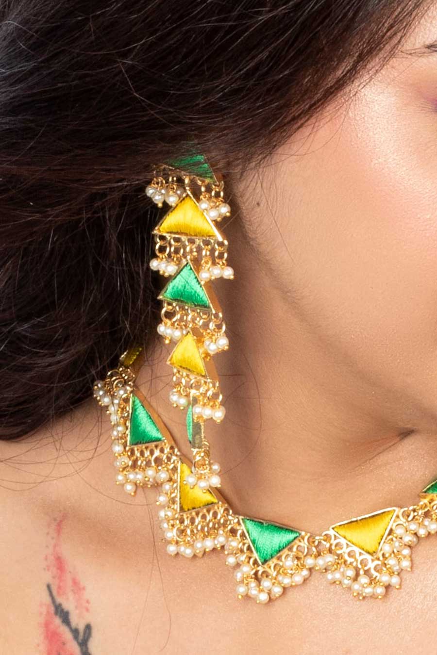 Green & Lime Yellow Embroidered Necklace Set