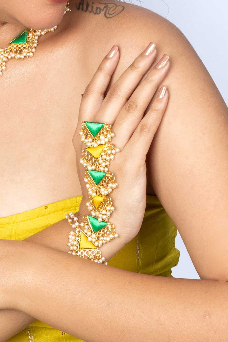 Green & Lime Yellow Embroidered Necklace Set