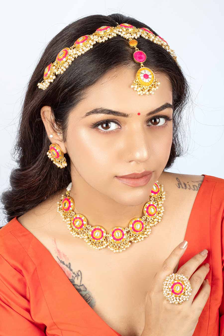 Golden Marigold Mustard & Pink Embroidered Necklace Set