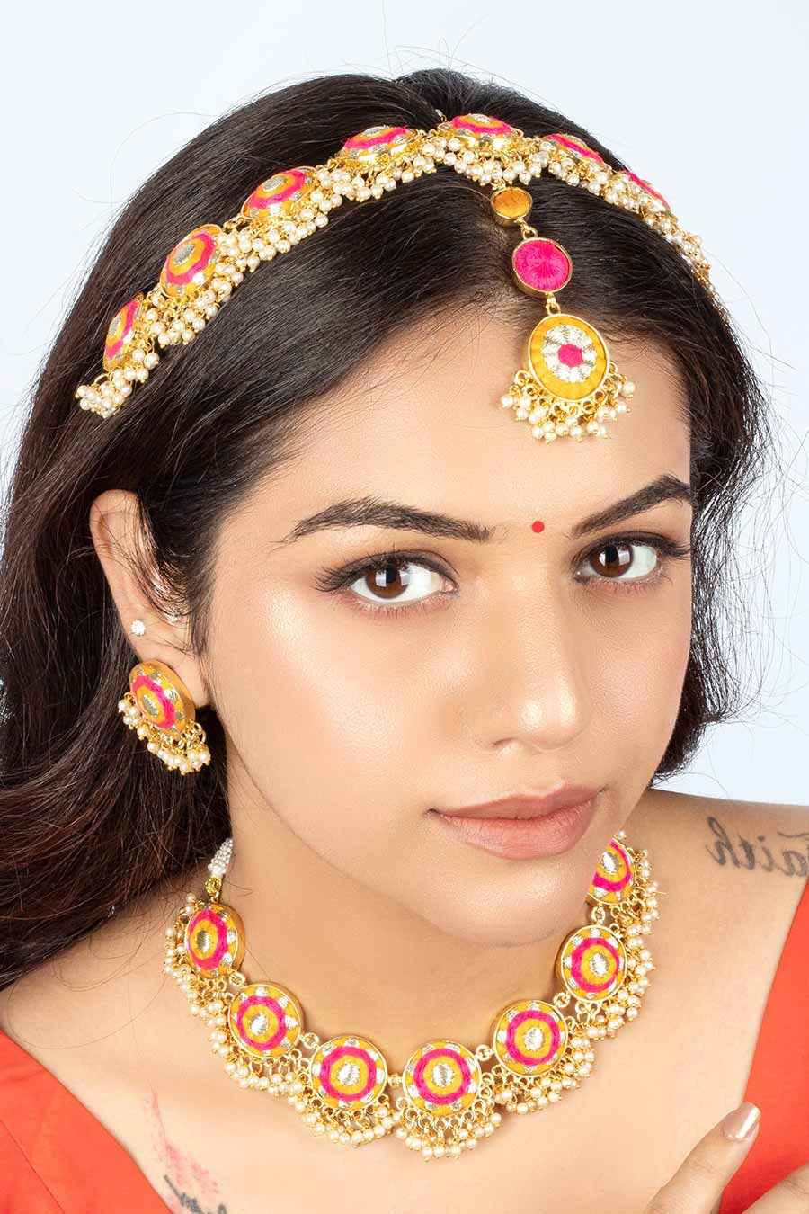 Golden Marigold Mustard & Pink Embroidered Necklace Set
