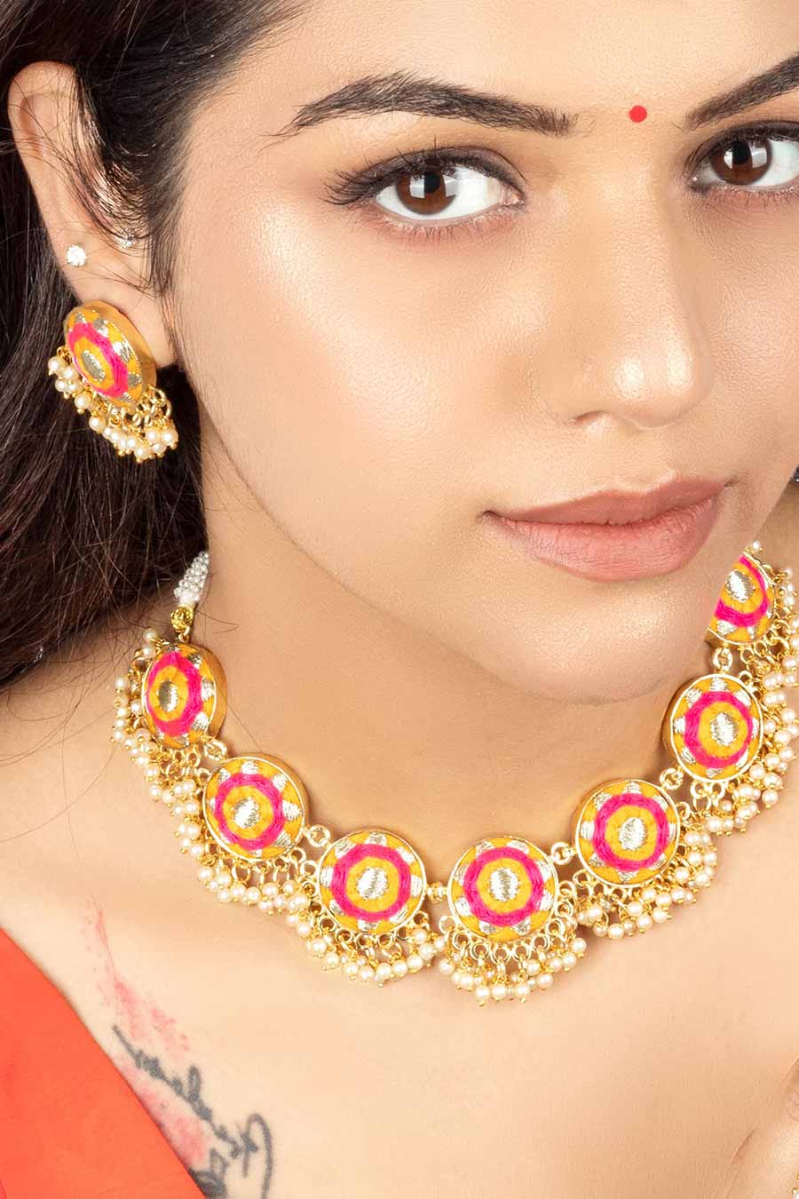 Golden Marigold Mustard & Pink Embroidered Necklace Set