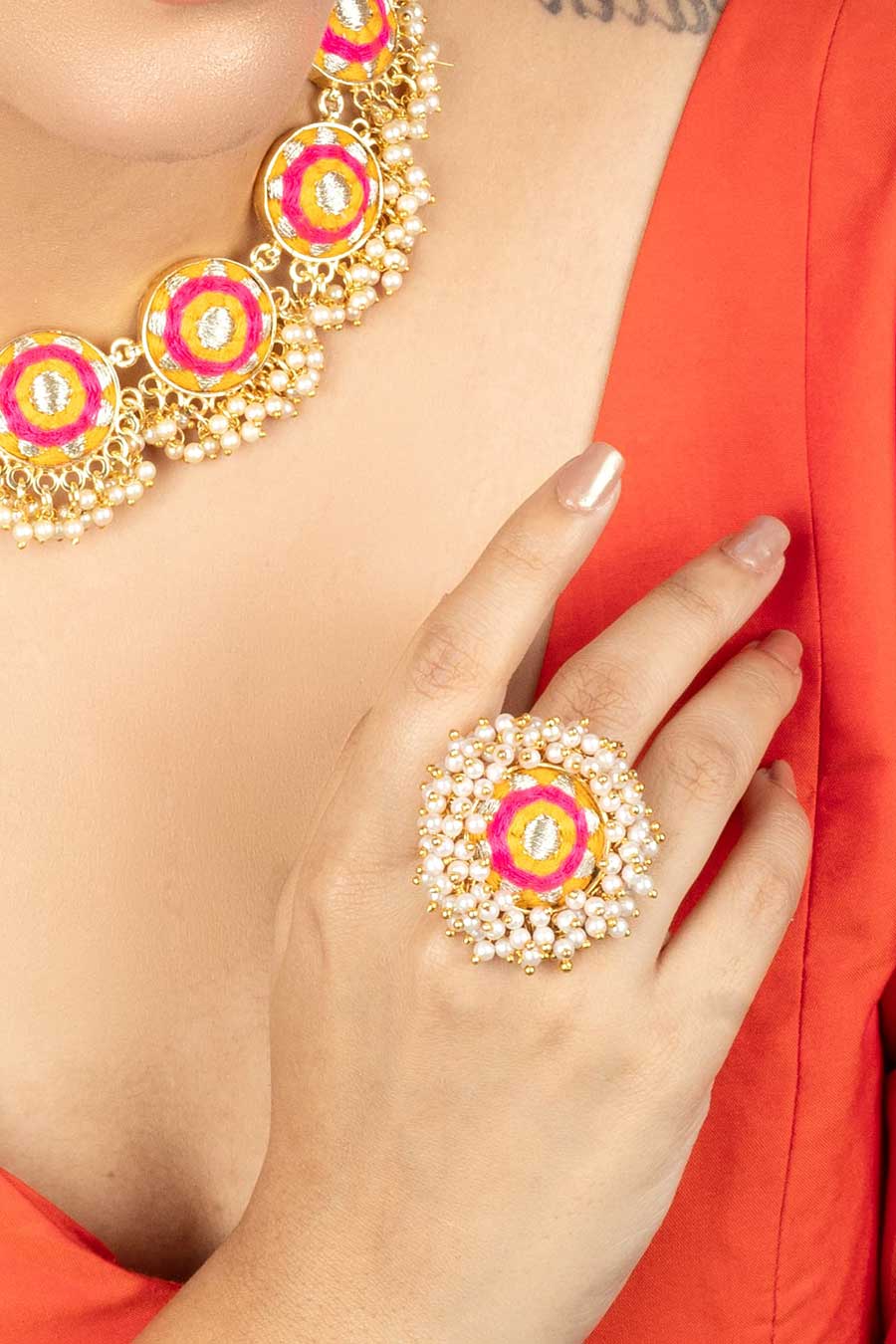 Golden Marigold Mustard & Pink Embroidered Necklace Set