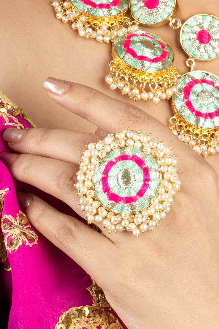 Blue & Pink Embroidered Ring