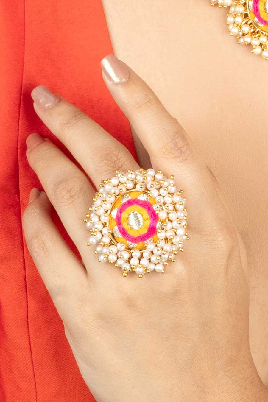 Mustard & Pink Embroidered Ring