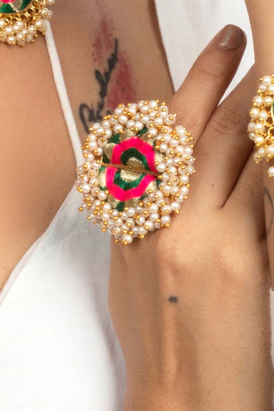 Green Petal & Pink Embroidered Ring