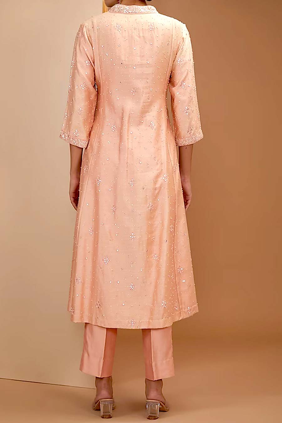 Peach Hand Embroidered Kali Kurta Set