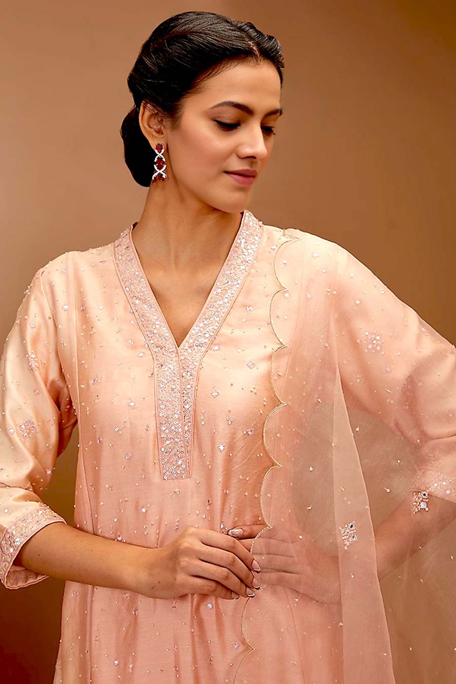 Peach Hand Embroidered Kali Kurta Set