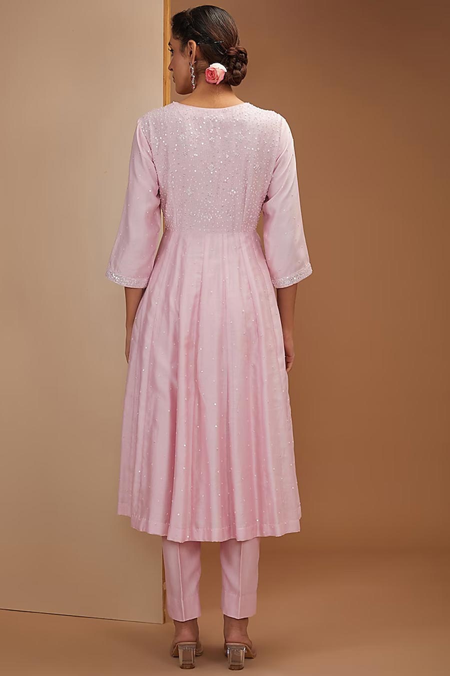 Pink Hand Embroidered Kali Kurta Set