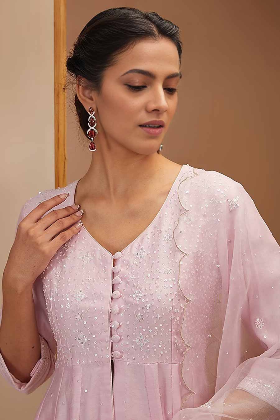 Pink Hand Embroidered Kali Kurta Set