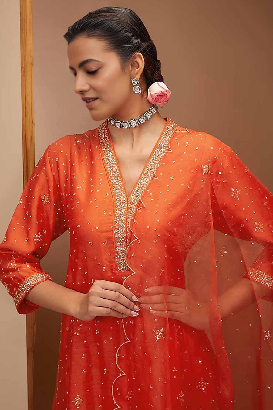 Red Hand Embroidered Kurta Set