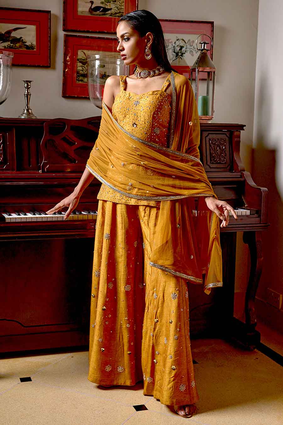 Mustard Gold Embroidered Sharara Set