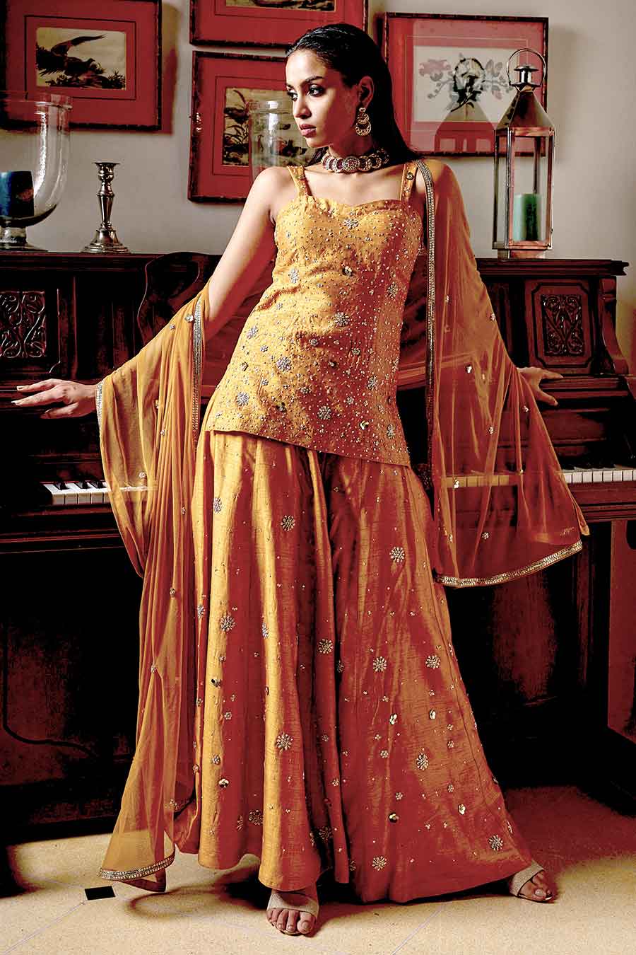 Mustard Gold Embroidered Sharara Set